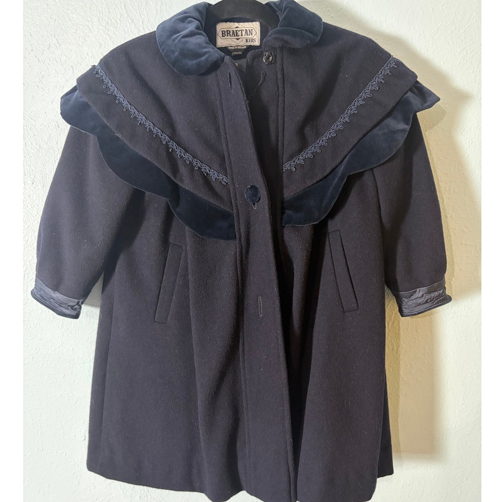 Braetan Kids Vintage Navy Wool Blend Capelet Coat Velvet Trim Bow Back 5 Classic